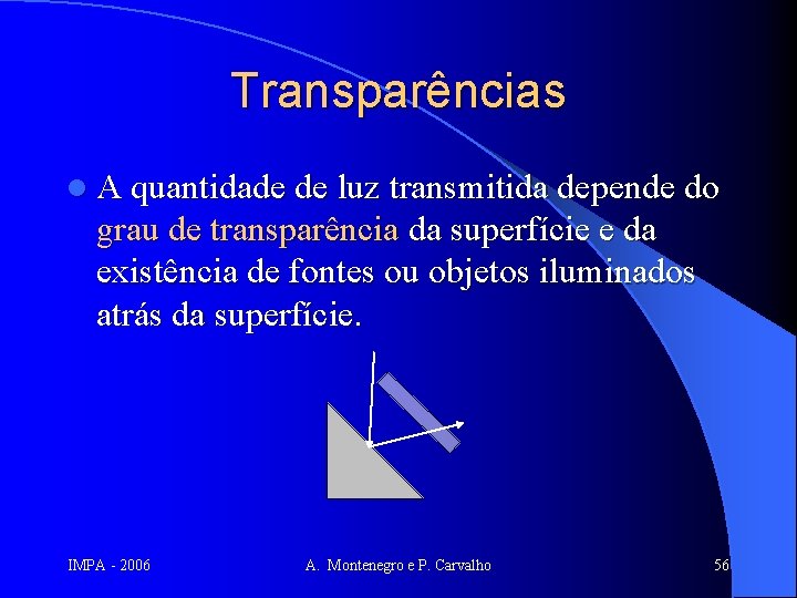 Transparências l A quantidade de luz transmitida depende do grau de transparência da superfície