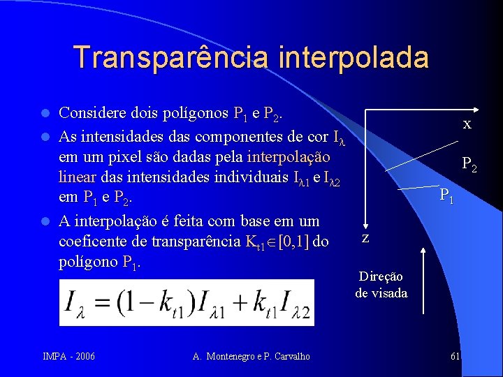 Transparência interpolada Considere dois polígonos P 1 e P 2. l As intensidades das