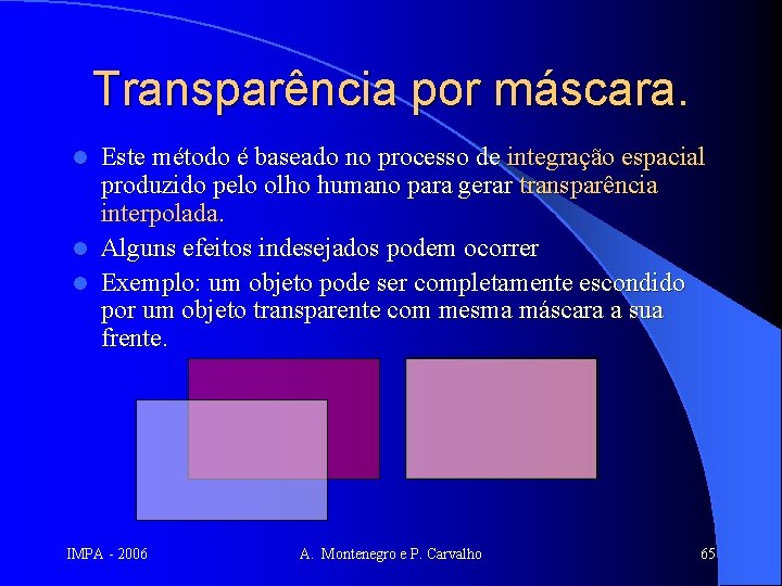 Transparência por máscara. l l l Este método é baseado no processo de integração