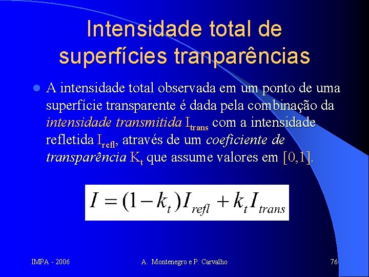 Intensidade total de superfícies tranparências l A intensidade total observada em um ponto de
