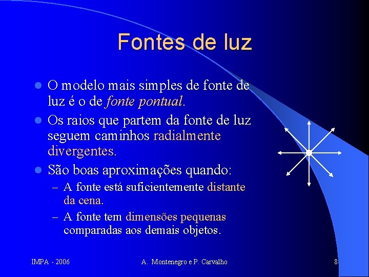 Fontes de luz O modelo mais simples de fonte de luz é o de