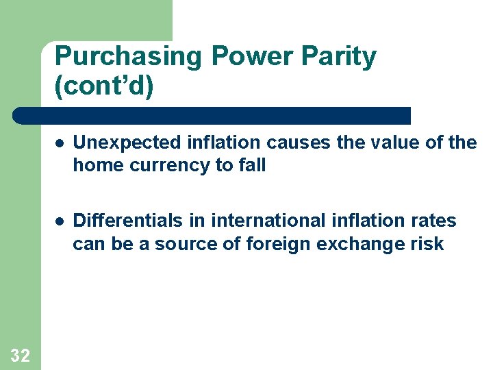 Purchasing Power Parity (cont’d) 32 l Unexpected inflation causes the value of the home