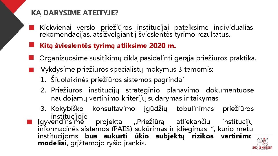 KĄ DARYSIME ATEITYJE? Kiekvienai verslo priežiūros institucijai pateiksime individualias rekomendacijas, atsižvelgiant į švieslentės tyrimo