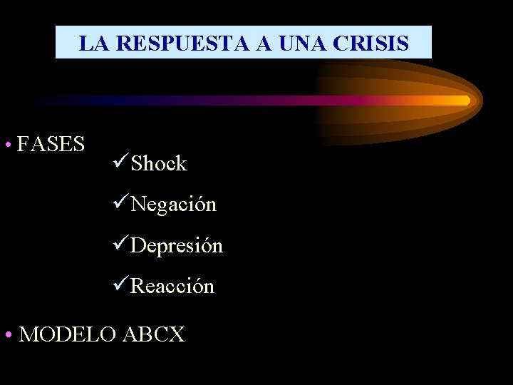 LA RESPUESTA A UNA CRISIS • FASES üShock üNegación üDepresión üReacción • MODELO ABCX