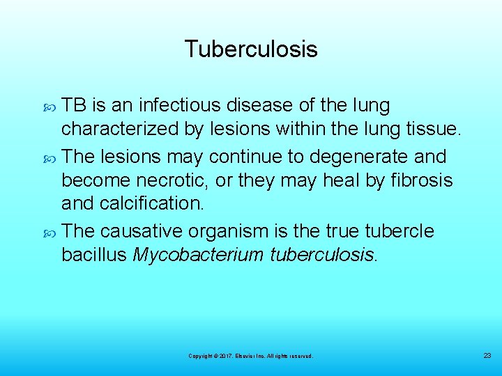 Tuberculosis TB is an infectious disease of the lung characterized by lesions within the