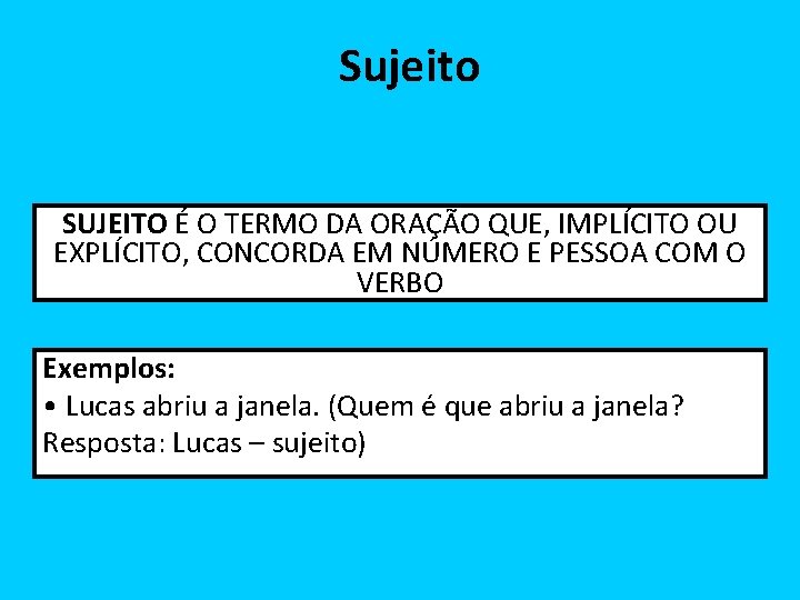 Sujeito SUJEITO É O TERMO DA ORAÇÃO QUE, IMPLÍCITO OU EXPLÍCITO, CONCORDA EM NÚMERO