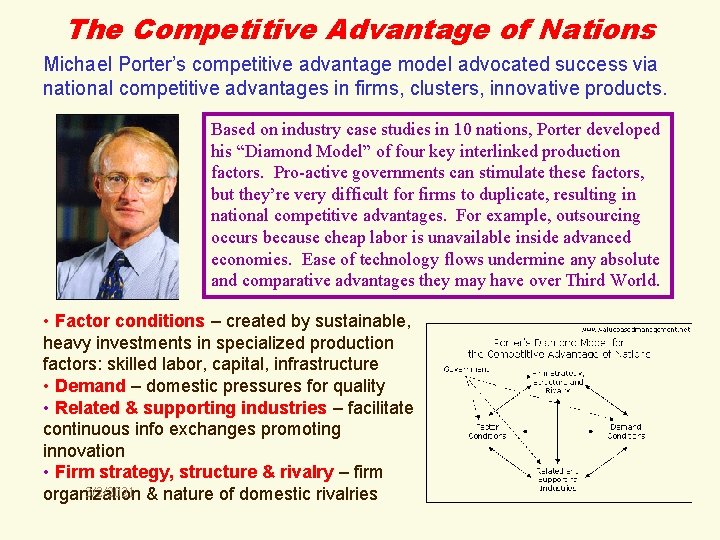 The Competitive Advantage of Nations Michael Porter’s competitive advantage model advocated success via national