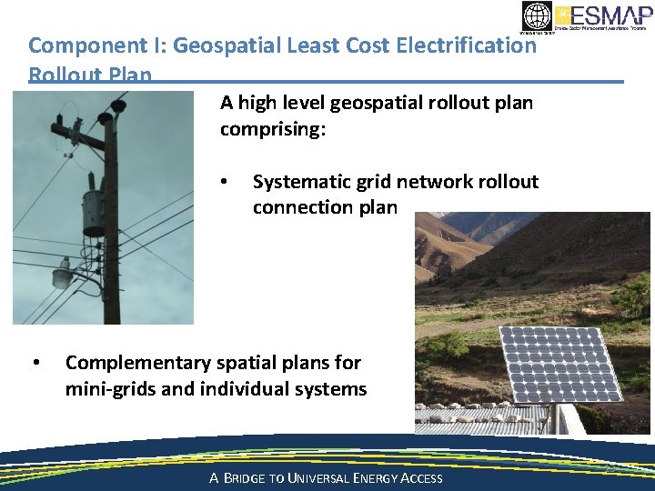 Component I: Geospatial Least Cost Electrification Rollout Plan A high level geospatial rollout plan