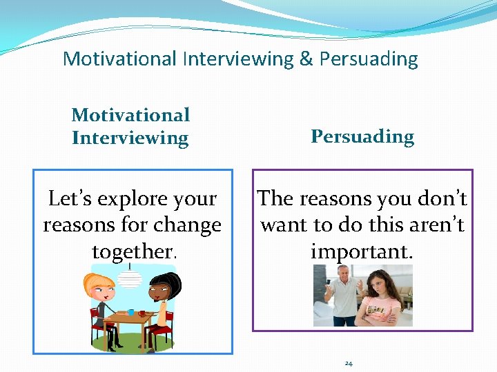 Motivational Interviewing & Persuading Motivational Interviewing Persuading Let’s explore your reasons for change together.