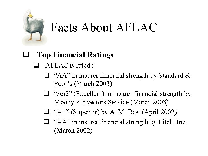 Facts About AFLAC q Top Financial Ratings q AFLAC is rated : q “AA” Facts About AFLAC q Top Financial Ratings q AFLAC is rated : q “AA”