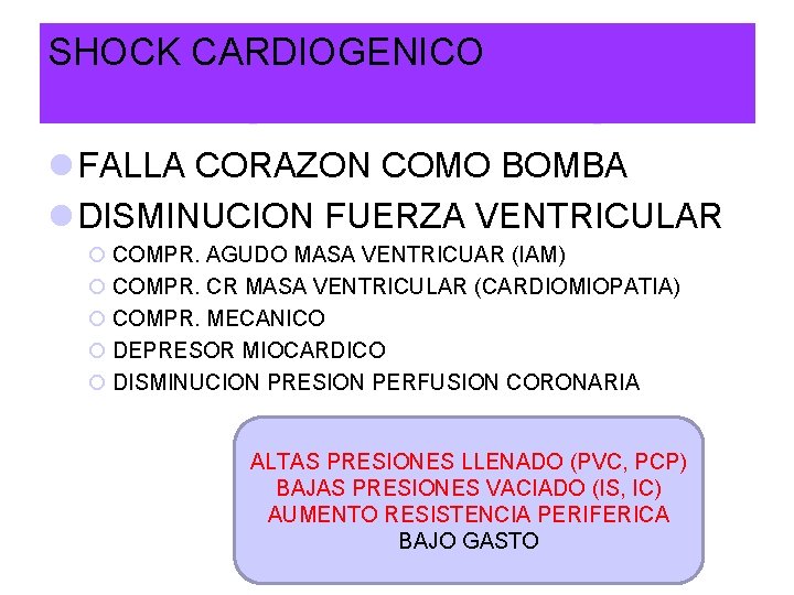 SHOCK CARDIOGENICO l FALLA CORAZON COMO BOMBA l DISMINUCION FUERZA VENTRICULAR ¡ COMPR. AGUDO