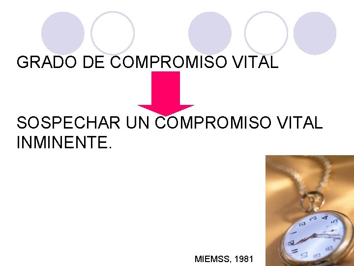 GRADO DE COMPROMISO VITAL SOSPECHAR UN COMPROMISO VITAL INMINENTE. MIEMSS, 1981 GRADO DE COMPROMISO VITAL SOSPECHAR UN COMPROMISO VITAL INMINENTE. MIEMSS, 1981