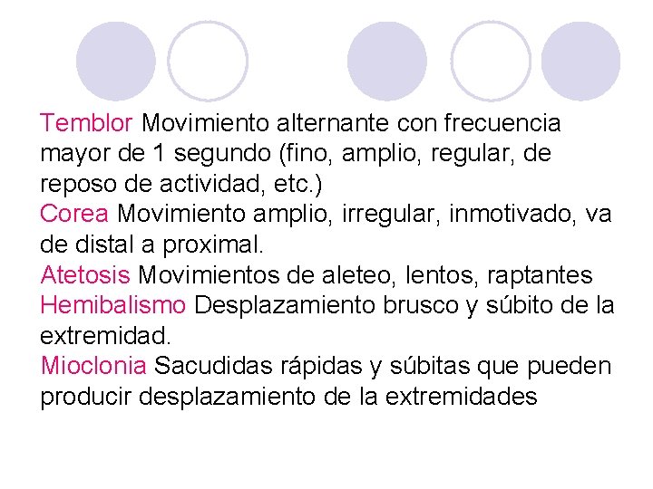 Temblor Movimiento alternante con frecuencia mayor de 1 segundo (fino, amplio, regular, de reposo