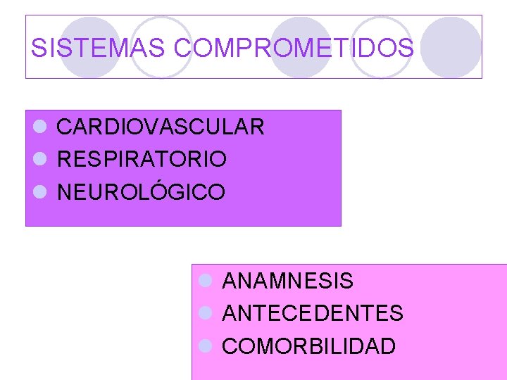 SISTEMAS COMPROMETIDOS l CARDIOVASCULAR l RESPIRATORIO l NEUROLÓGICO l ANAMNESIS l ANTECEDENTES l COMORBILIDAD