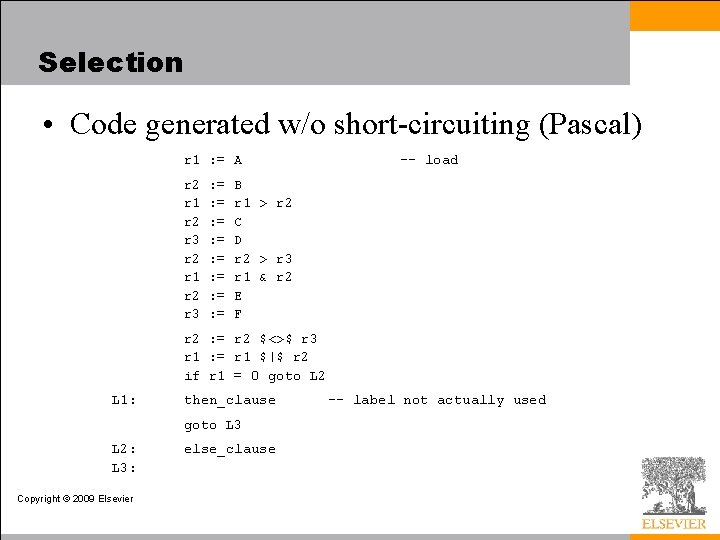 Selection • Code generated w/o short-circuiting (Pascal) r 1 : = A r 2