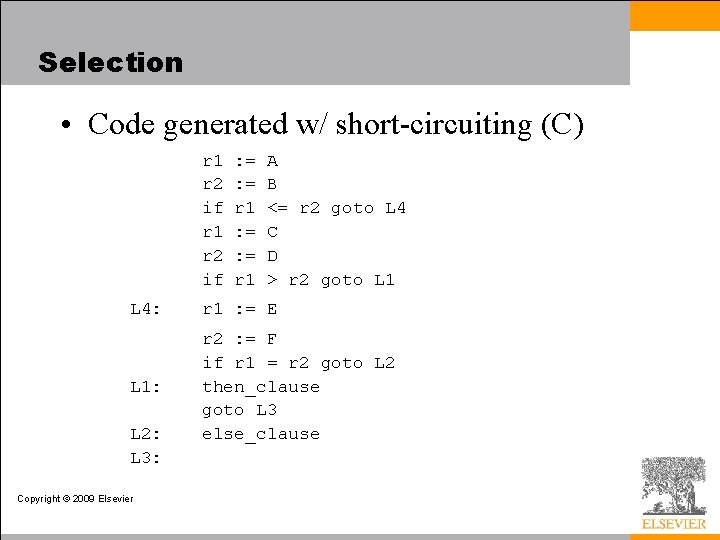 Selection • Code generated w/ short-circuiting (C) r 1 r 2 if : =