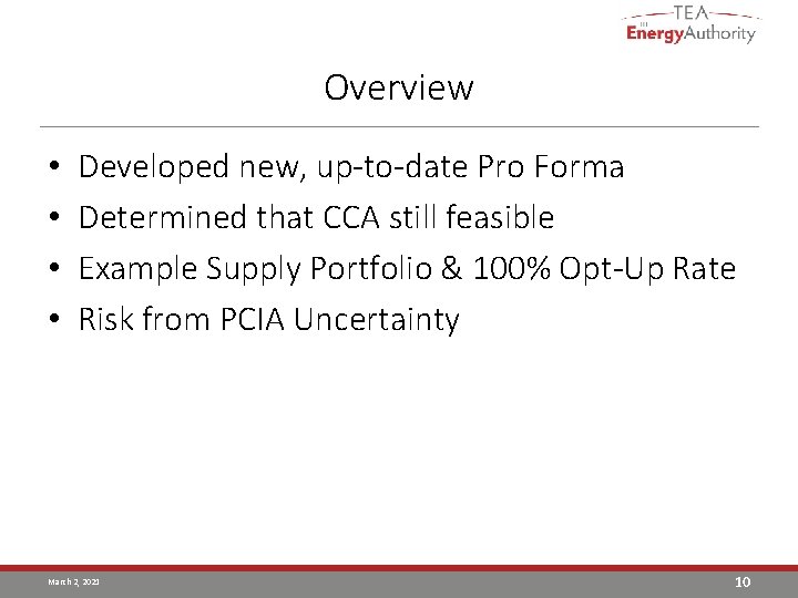 Overview • • Developed new, up-to-date Pro Forma Determined that CCA still feasible Example