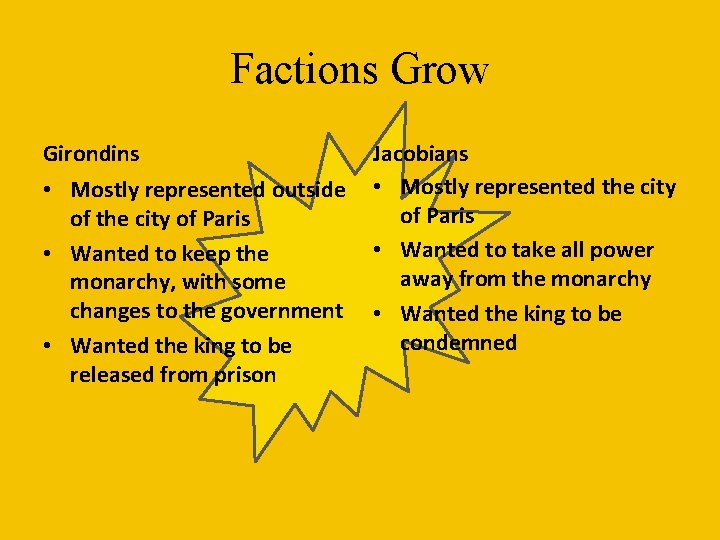 Factions Grow Girondins • Mostly represented outside of the city of Paris • Wanted Factions Grow Girondins • Mostly represented outside of the city of Paris • Wanted
