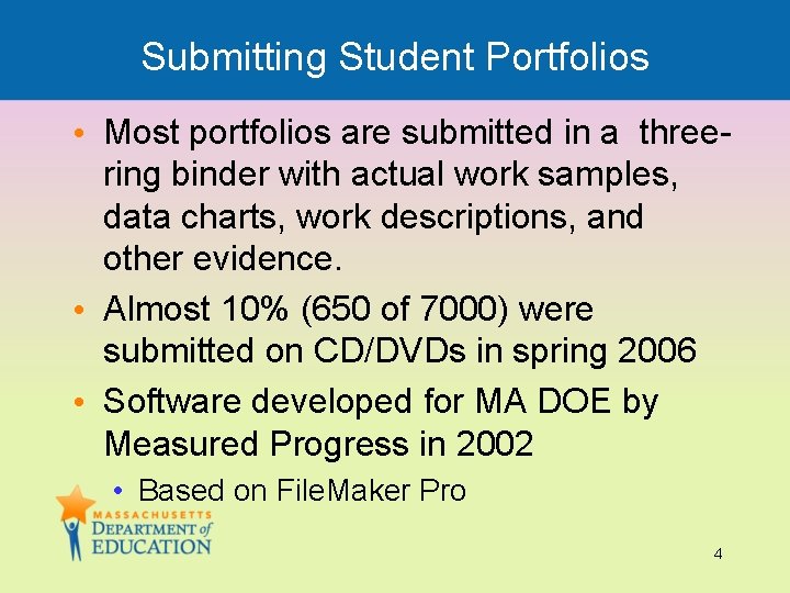 Submitting Student Portfolios • Most portfolios are submitted in a threering binder with actual