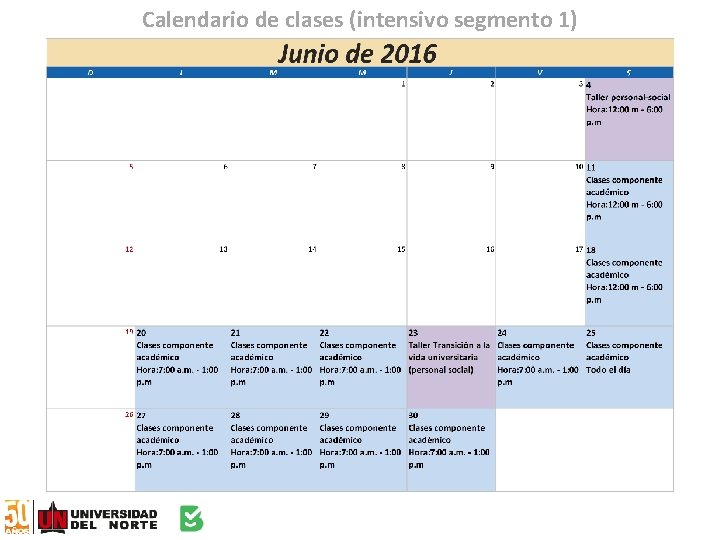 Calendario de clases (intensivo segmento 1) 