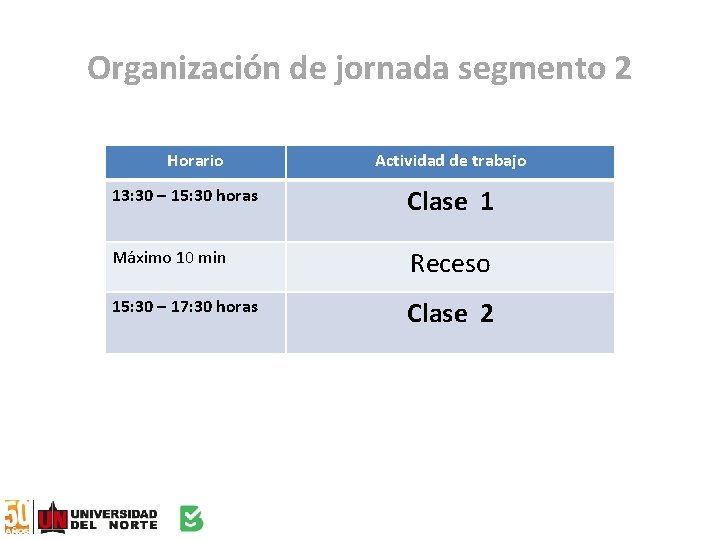 Organización de jornada segmento 2 Horario Actividad de trabajo 13: 30 – 15: 30