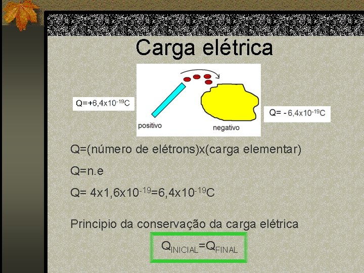 Carga elétrica Q=(número de elétrons)x(carga elementar) Q=n. e Q= 4 x 1, 6 x
