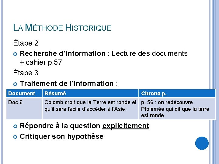 LA MÉTHODE HISTORIQUE Étape 2 Recherche d’information : Lecture des documents + cahier p.