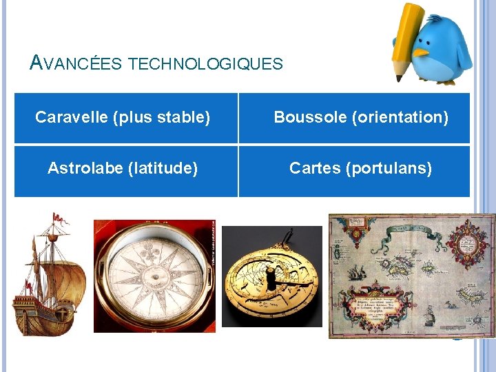 AVANCÉES TECHNOLOGIQUES Caravelle (plus stable) Boussole (orientation) Astrolabe (latitude) Cartes (portulans) 