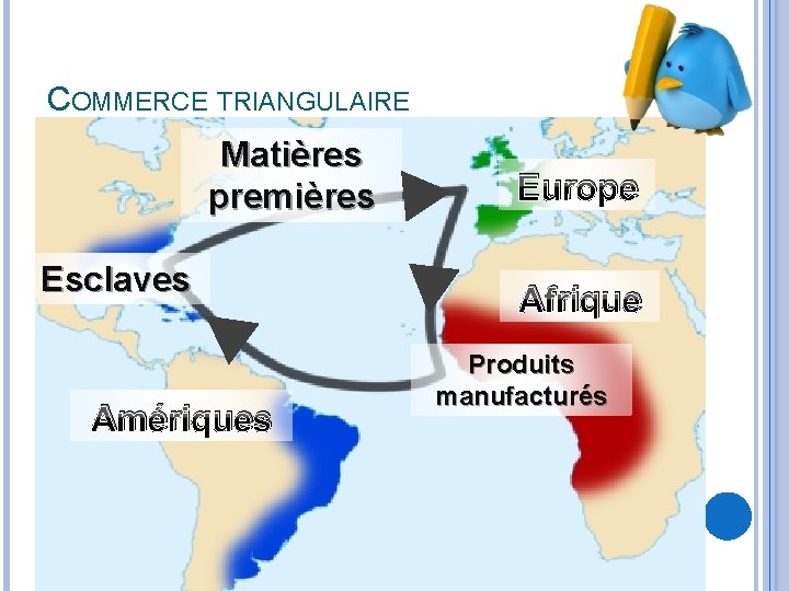 COMMERCE TRIANGULAIRE Matières premières Esclaves Amériques Europe Afrique Produits manufacturés 