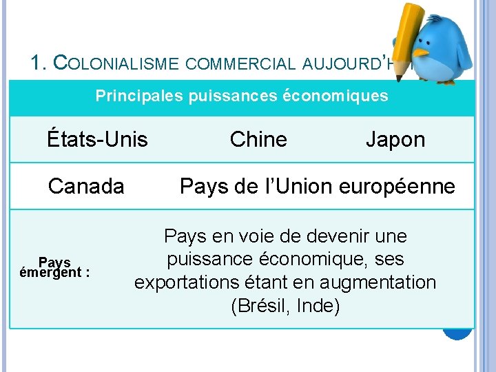 1. COLONIALISME COMMERCIAL AUJOURD’HUI Principales puissances économiques États-Unis Canada Pays émergent : Chine Japon