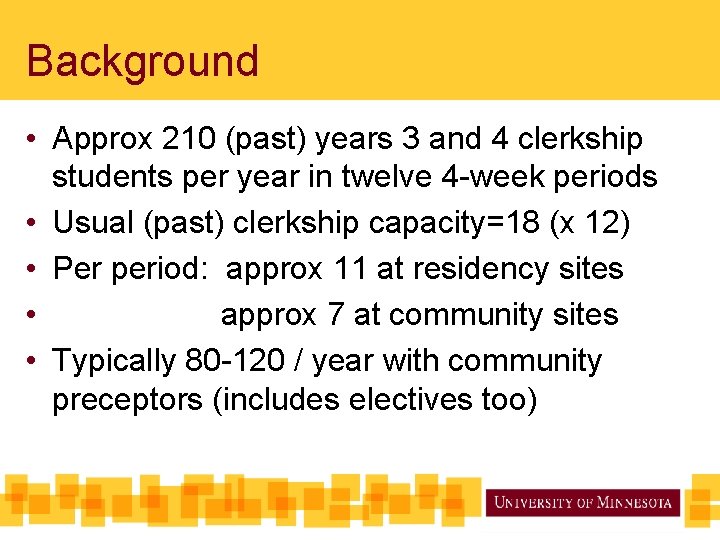 Background • Approx 210 (past) years 3 and 4 clerkship students per year in