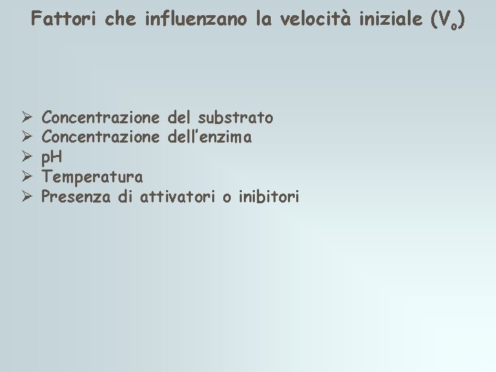 Fattori che influenzano la velocità iniziale (Vo) Ø Ø Ø Concentrazione del substrato Concentrazione Fattori che influenzano la velocità iniziale (Vo) Ø Ø Ø Concentrazione del substrato Concentrazione