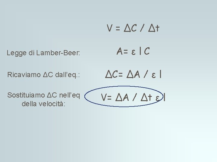 V = ΔC / Δt Legge di Lamber-Beer: A= ε l C Ricaviamo ΔC V = ΔC / Δt Legge di Lamber-Beer: A= ε l C Ricaviamo ΔC