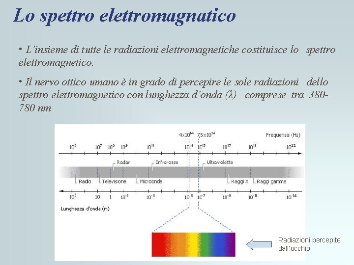 Lo spettro elettromagnatico • L’insieme di tutte le radiazioni elettromagnetiche costituisce lo spettro elettromagnetico. Lo spettro elettromagnatico • L’insieme di tutte le radiazioni elettromagnetiche costituisce lo spettro elettromagnetico.