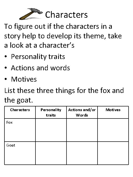 Characters To figure out if the characters in a story help to develop its