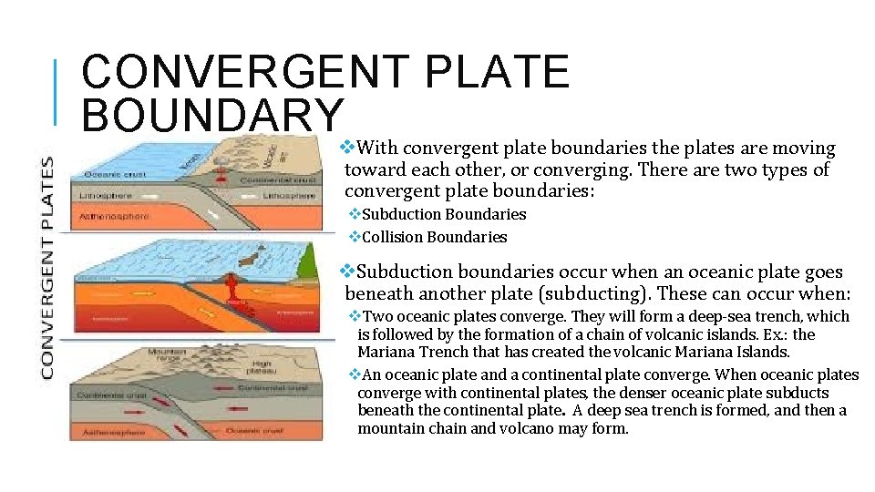 CONVERGENT PLATE BOUNDARYv. With convergent plate boundaries the plates are moving toward each other,