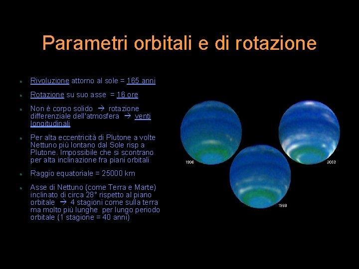 Parametri orbitali e di rotazione Rivoluzione attorno al sole = 165 anni Rotazione su