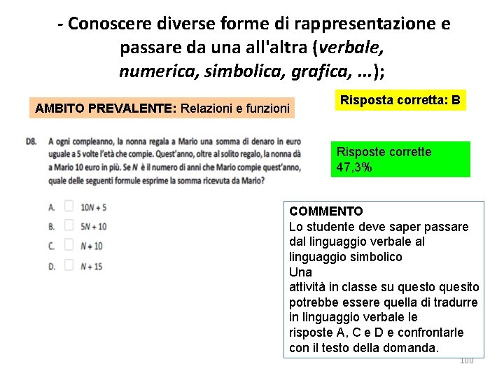 - Conoscere diverse forme di rappresentazione e passare da una all'altra (verbale, numerica, simbolica,