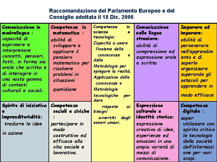 Raccomandazione del Parlamento Europeo e del Consiglio adottata il 18 Dic. 2006 Comunicazione in