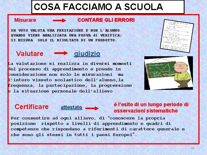 COSA FACCIAMO A SCUOLA Misurare CONTARE GLI ERRORI UN VOTO VALUTA UNA PRESTAZIONE E COSA FACCIAMO A SCUOLA Misurare CONTARE GLI ERRORI UN VOTO VALUTA UNA PRESTAZIONE E