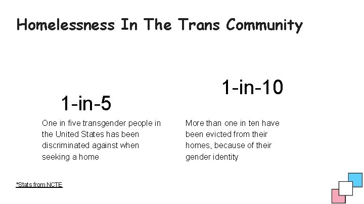 Homelessness In The Trans Community 1 -in-5 One in five transgender people in the