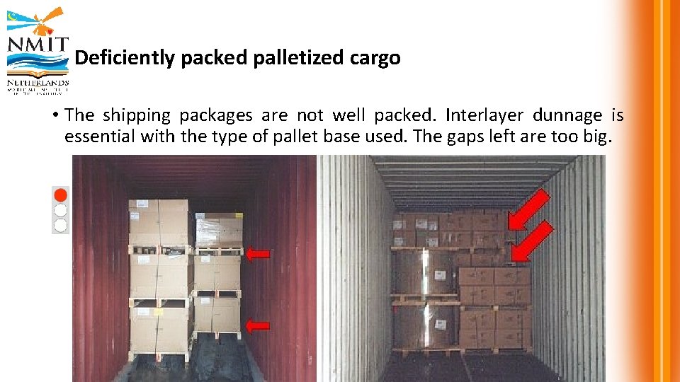 Deficiently packed palletized cargo • The shipping packages are not well packed. Interlayer dunnage