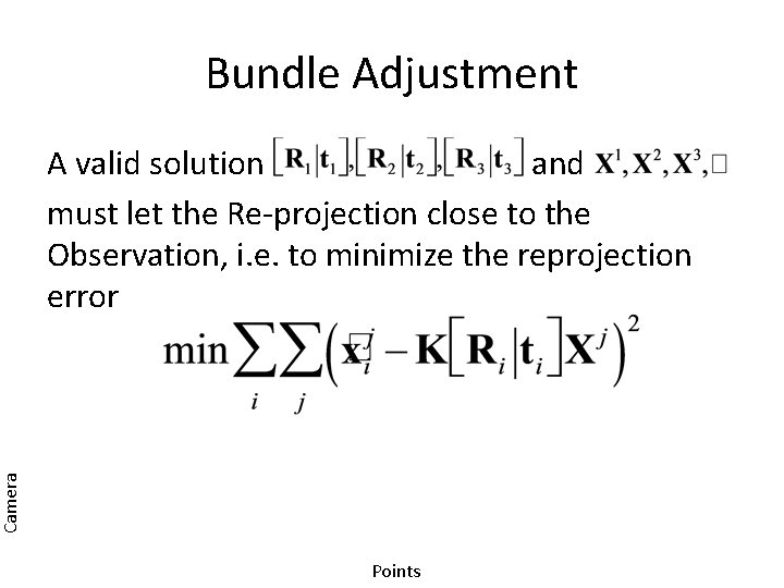 Bundle Adjustment Camera A valid solution and must let the Re-projection close to the