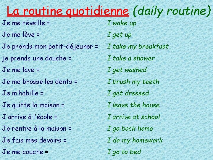 La routine quotidienne (daily routine) Je me réveille = I wake up Je me