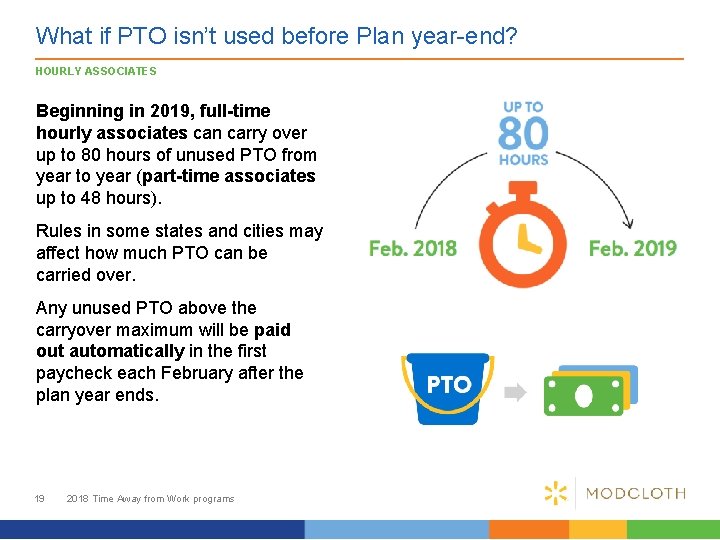 What if PTO isn’t used before Plan year-end? HOURLY ASSOCIATES Beginning in 2019, full-time