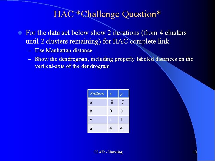 HAC *Challenge Question* l For the data set below show 2 iterations (from 4