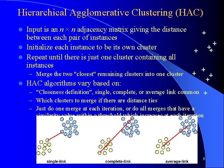 Hierarchical Agglomerative Clustering (HAC) Input is an n × n adjacency matrix giving the