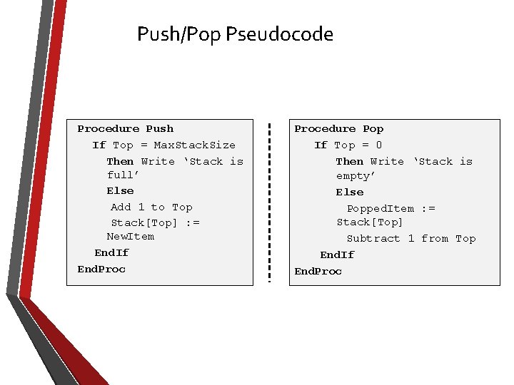Push/Pop Pseudocode Procedure Push If Top = Max. Stack. Size Then Write ‘Stack is