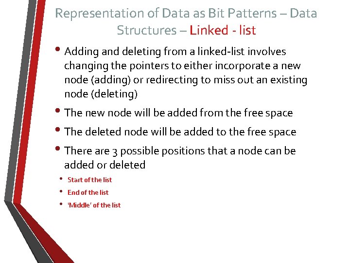 Representation of Data as Bit Patterns – Data Structures – Linked - list •