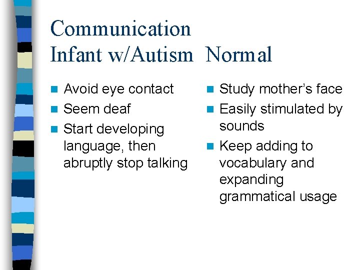 Communication Infant w/Autism Normal Avoid eye contact n Seem deaf n Start developing language, Communication Infant w/Autism Normal Avoid eye contact n Seem deaf n Start developing language,